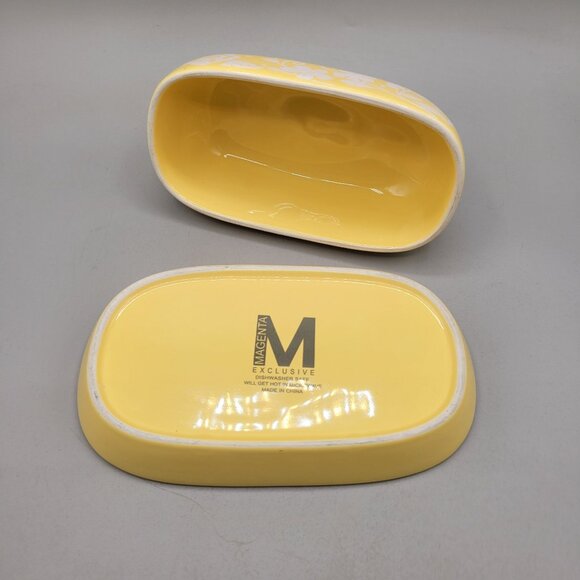 Rare Rae Dunn Magenta Exclusive Yellow Ceramic Butter Dish Bunny Knob Floral - Picture 9 of 10